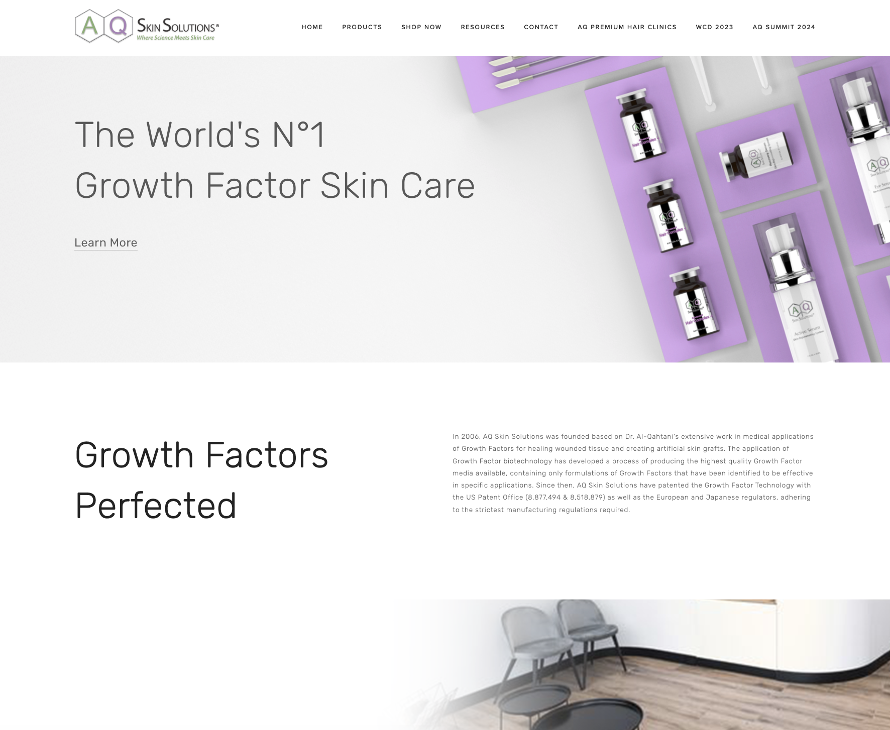 AQ Skin Solutions website interface screenshot